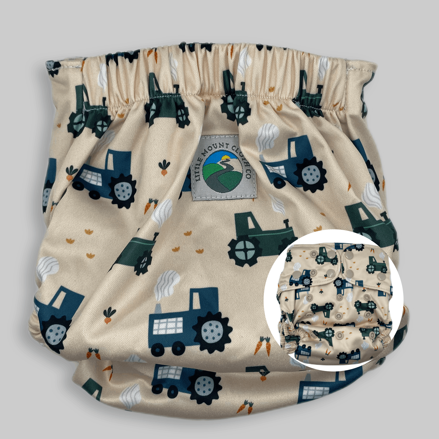 Petite OS (8-35lbs) 3D Gusset Pocket Diaper™ in Tractors