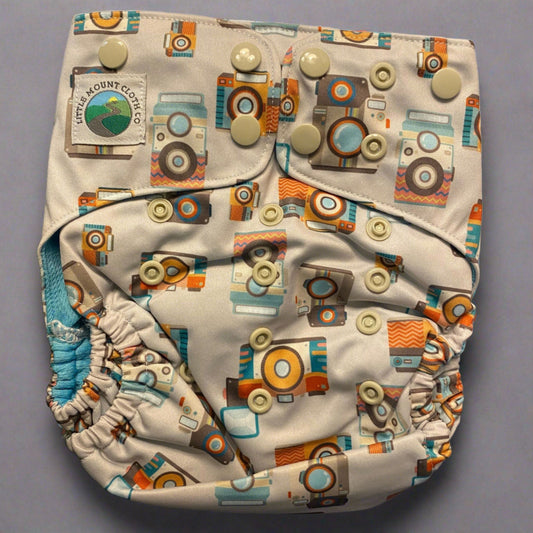TODDLER (18-55lbs) 3D Gusset Pocket™ Cloth Diaper in Vintage Cameras