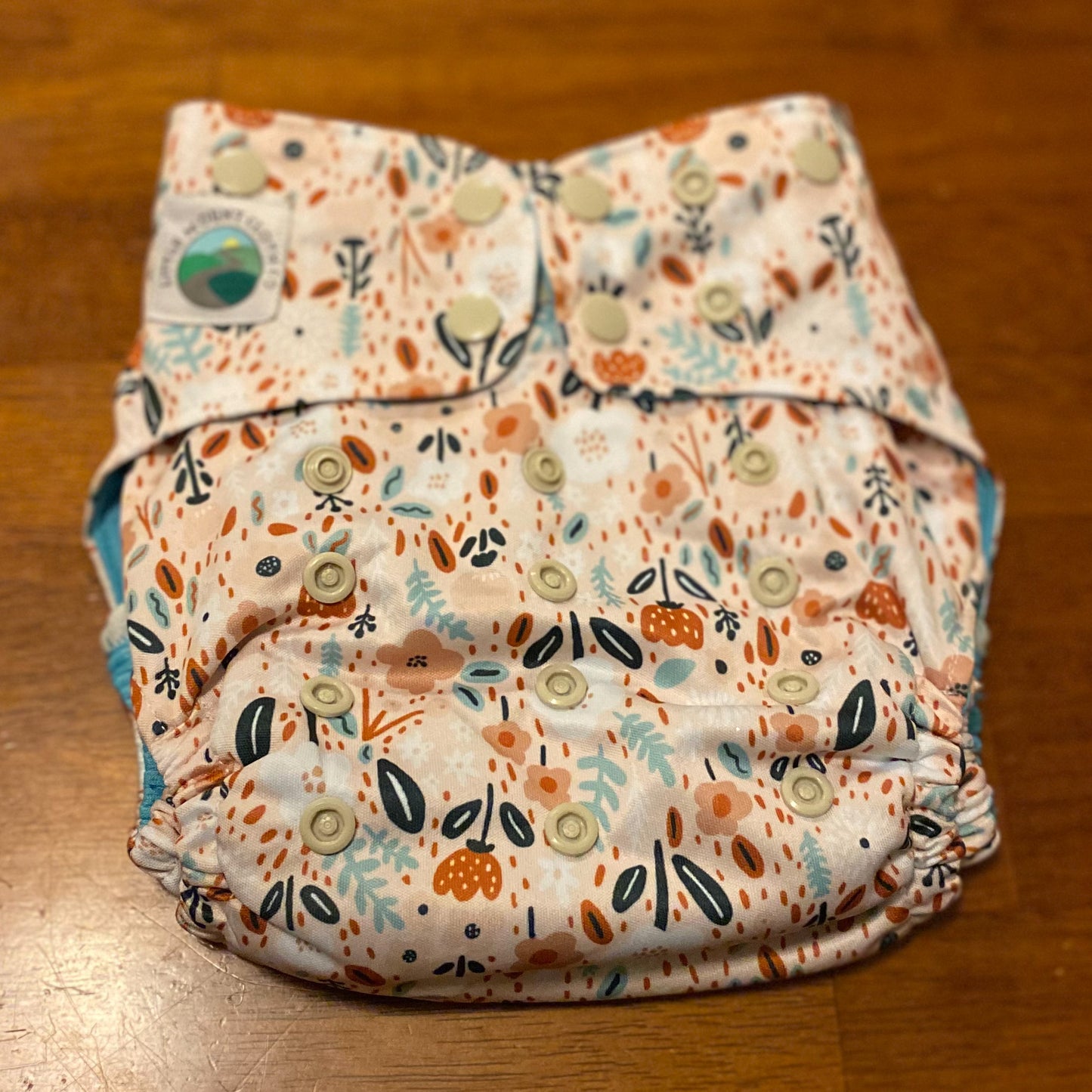 An XL 3D-gusset reusable cloth diaper with blue lining, orange flora folk art print with peachy background on the outer PUL. Light Gray/Neutral snaps.
