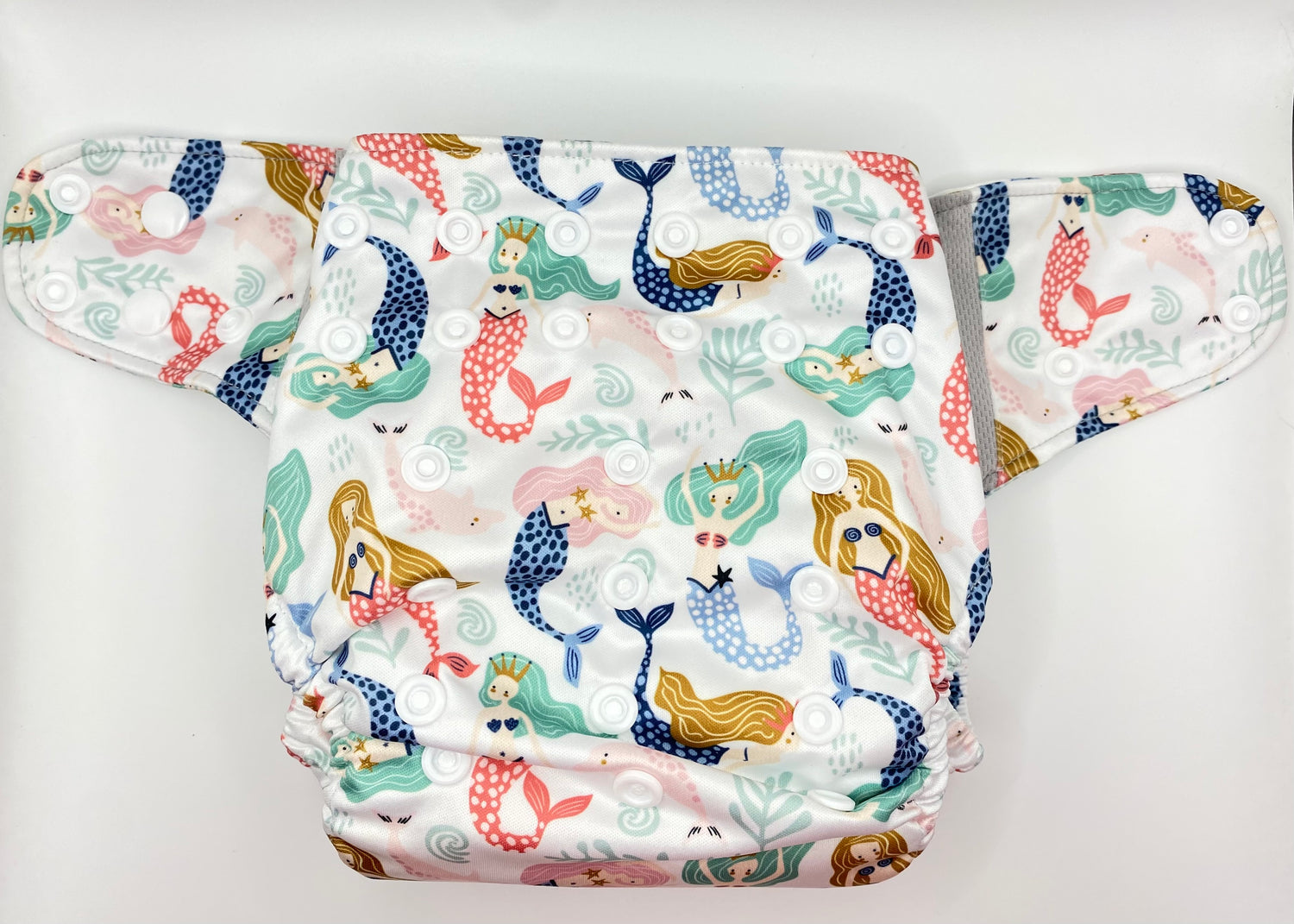 Front of PUL pocket diaper showing the snap configuration