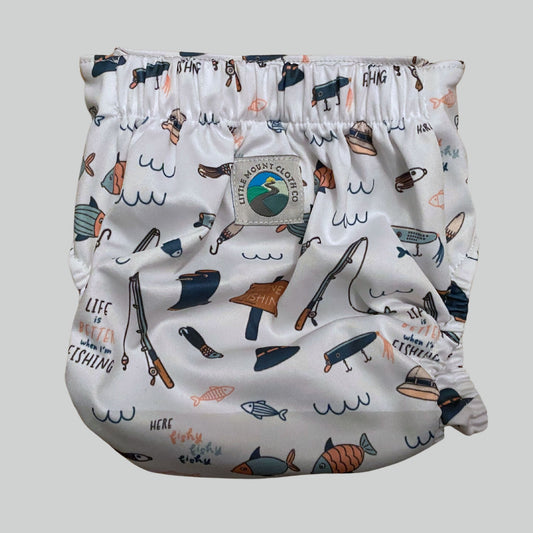 fishing themed diaper; back of diaper
