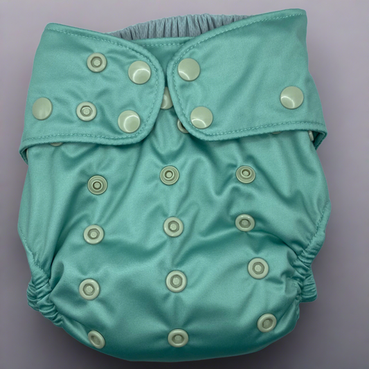 pocket diaper with 3D, double gusset; teal solid with gray tan snaps